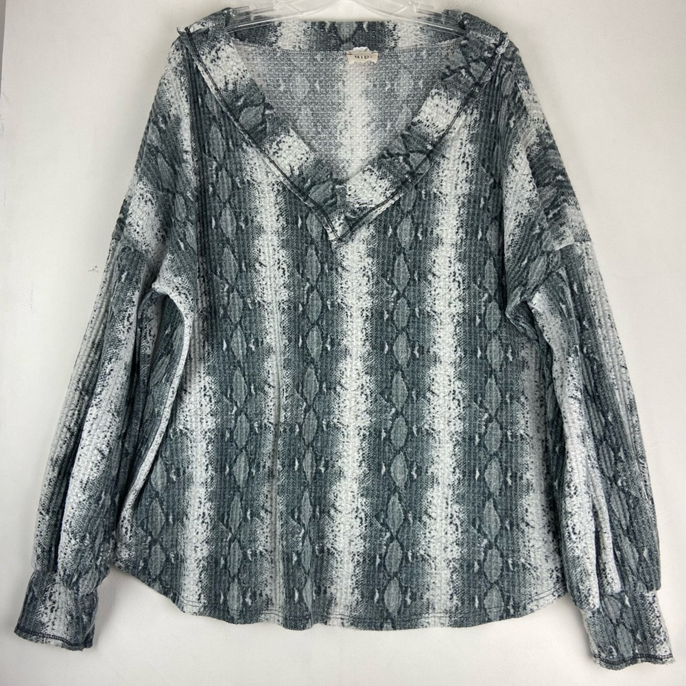 Bibi Womens Long Sleeve Waffle Gray White V-Neck Top Size XL (663)